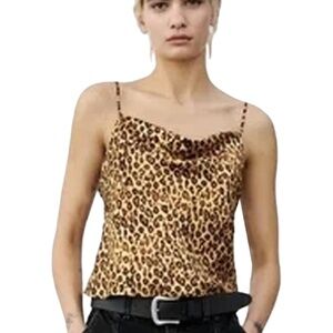 Zara Satin Cami Camisole Chettah Leopard Animal Print Chain Strap Cowl Neck NWOT